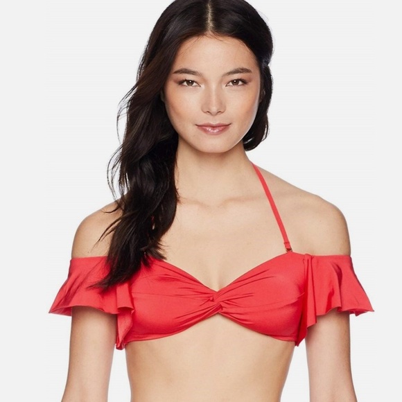 Trina Turk Other - Trina Turk Red Ruffle Sleeve Bandeau Bikini Top Off Shoulder Swim Size 6 NWT
